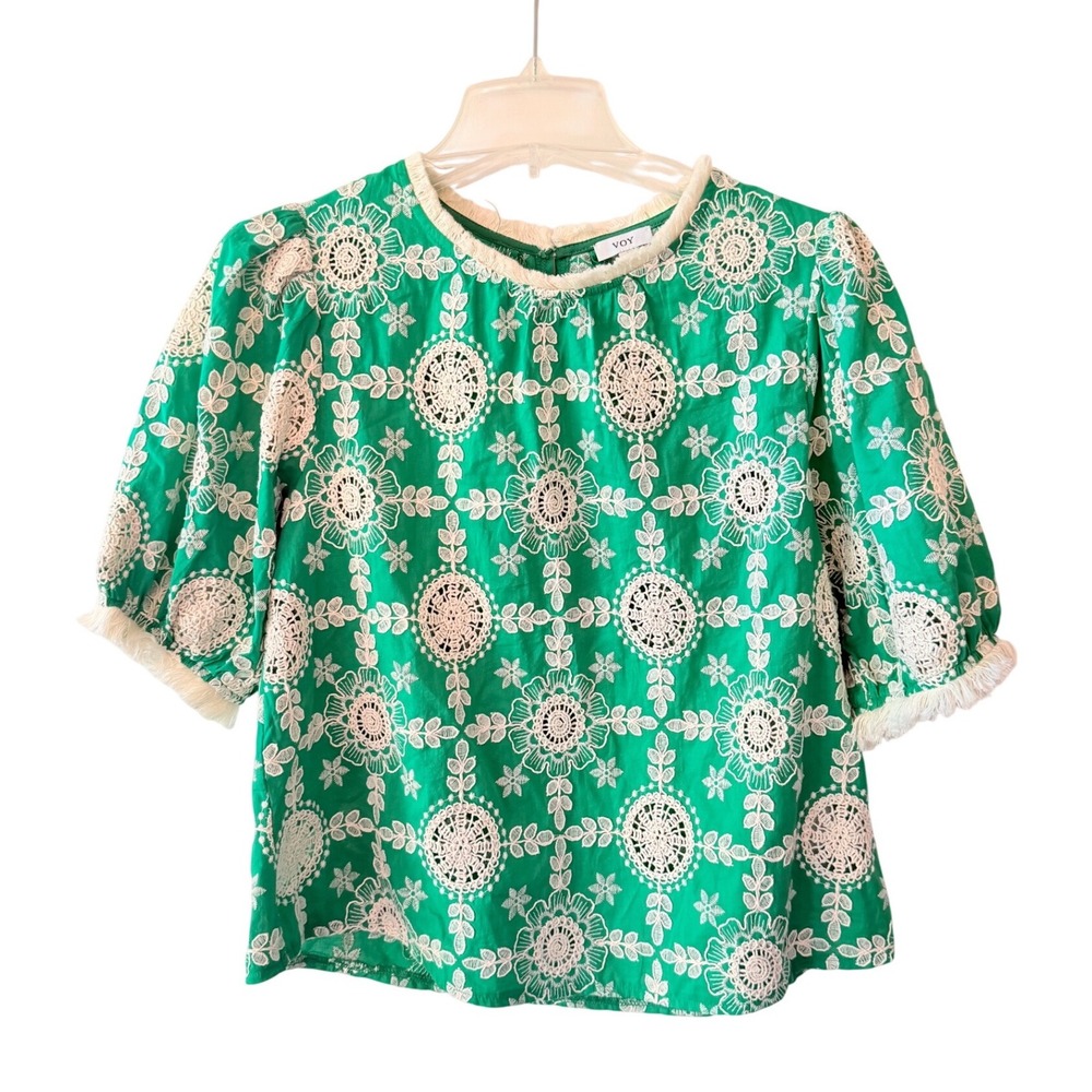 VOY Green Floral Lace Boho Embroidered Puff Sleeve Fringe Blouse S